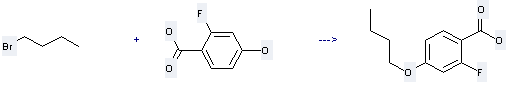 Benzoicacid, 2-fluoro-4-hydroxy- can be used to produce 4-butoxy-2-fluorobenzoic acid with 1-bromo-butane by heating